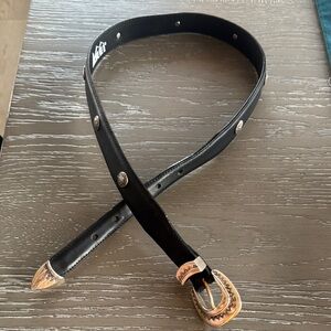 REI VINTAGE 1993 Black Leather Belt Silver-Tone Western Accents Buckle Women’s M